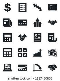 Set of vector isolated black icon - credit card vector, safe, handshake, growth statistic, dollar sign, calculator, abacus, crisis graph, cash, receipt, news, arrow up