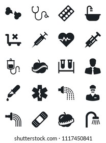 Set of vector isolated black icon - watering vector, heart pulse, stethoscope, syringe, blood test vial, dropper, pills blister, patch, ambulance star, broken bone, diet, doctor, client, no trolley