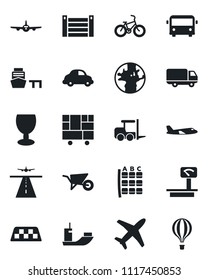 Set of vector isolated black icon - runway vector, taxi, airport bus, fork loader, plane, seat map, wheelbarrow, bike, earth, sea shipping, car delivery, port, container, consolidated cargo, fragile