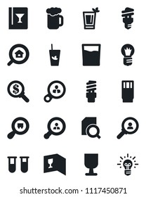 Set of vector isolated black icon - bulb vector, blood test vial, fragile, search cargo, document, estate, client, wine card, drink, phyto bar, beer, energy saving, consumer, money, idea