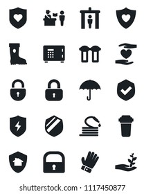 Set of vector isolated black icon - passport control vector, security gate, safe, lock, glove, boot, hose, heart shield, hand, umbrella, protect, water filter, home, palm sproute