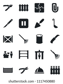 Set of vector isolated black icon - passport control vector, security gate, trowel, rake, pruner, garden knife, scalpel, cargo container, oil barrel, rack, pause button, application, paper clip