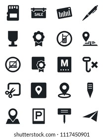 Set of vector isolated black icon - parking vector, no mobile, laptop, plant label, navigation, pin, fragile, hook, barcode, sd, cut, place tag, sertificate, pen, sale, menu, paper plane