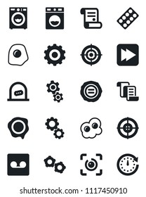 Set of vector isolated black icon - ticket office vector, gear, contract, stamp, pills blister, fast forward, record, eye id, target, washer, omelette, clock