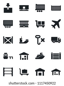 Set of vector isolated black icon - plane vector, baggage trolley, railroad, sea shipping, truck trailer, cargo container, car delivery, port, no hook, warehouse, package, rack