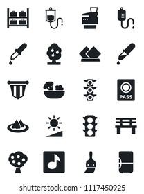 Set of vector isolated black icon - passport vector, luggage storage, pennant, bench, dropper, traffic light, themes, brightness, music, copier, fruit tree, serviette, salad, fridge