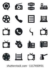 Set of vector isolated black icon - phone vector, tv, abacus, stamp, sickle, reel, flame disk, radio, call, office, open close, turkish coffee