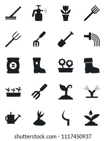 Set of vector isolated black icon - flower in pot vector, garden fork, shovel, farm, rake, watering can, sproute, boot, seedling, sickle, sprayer, fertilizer, irrigation