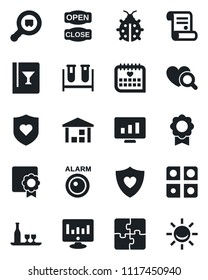 Set of vector isolated black icon - statistic monitor vector, contract, lady bug, blood test vial, heart diagnostic, shield, medical calendar, warehouse, search cargo, application, sertificate
