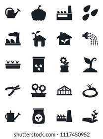 Set of vector isolated black icon - factory vector, watering can, sproute, pruner, seedling, pumpkin, greenhouse, seeds, pond, fertilizer, flower in pot, eco house, palm