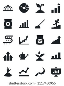 Set of vector isolated black icon - growth statistic vector, watering can, sproute, hoe, sickle, greenhouse, fertilizer, drip irrigation, bar graph, pie, point, career ladder, arrow up, presentation