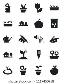 Set of vector isolated black icon - flower in pot vector, seedling, watering can, sproute, plant label, pumpkin, seeds, pond, tulip, house with tree, rolling pin, apple fruit