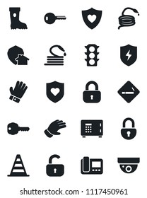 Set of vector isolated black icon - smoking place vector, border cone, safe, glove, boot, hose, heart shield, traffic light, protect, lock, key, intercome, home, surveillance