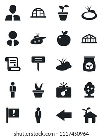 Set of vector isolated black icon - bomb in case vector, left arrow, manager, contract, seedling, plant label, greenhouse, pond, fertilizer, important flag, fruit tree, estate agent, apple