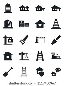 Set of vector isolated black icon - barrier vector, border cone, airport building, office, trowel, shovel, ladder, saw, house, hospital, with garage, tree, sweet home, city, crane, message