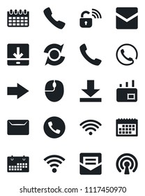 Set of vector isolated black icon - phone vector, right arrow, mouse, calendar, call, mail, download, wireless, update, lock