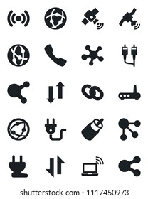 Set of vector isolated black icon - wireless notebook vector, satellite, network, share, chain, rca, call, data exchange, power plug, router, social media