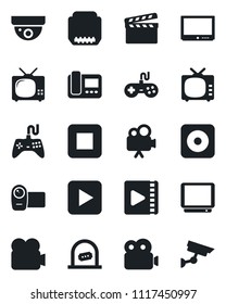 Set of vector isolated black icon - ticket office vector, clapboard, tv, gamepad, video camera, play button, stop, rec, hdmi, intercome, surveillance