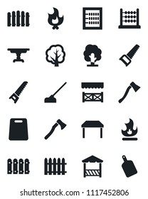 Set of vector isolated black icon - fence vector, tree, saw, fire, hoe, axe, abacus, table, alcove, cutting board