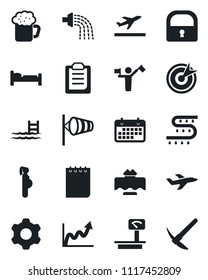 Set of vector isolated black icon - dispatcher vector, departure, bed, wind, notepad, watering, drip irrigation, pregnancy, plane, term, heavy scales, settings, lock, clipboard, pool, beer, target