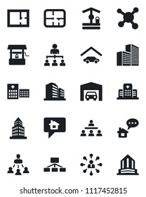 Set of vector isolated black icon - hierarchy vector, well, hospital, molecule, office building, garage, plan, home message