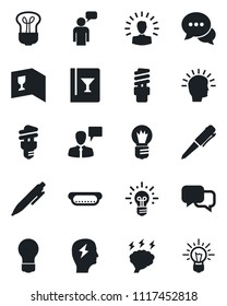Set of vector isolated black icon - speaking man vector, pen, brainstorm, bulb, dialog, wine card, hot dog, energy saving, shining head, idea