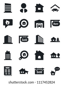 Set of vector isolated black icon - office building vector, house, contract, with garage, tree, rent, sold signboard, estate search, agent, city, home message