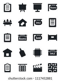 Set of vector isolated black icon - fence vector, flight table, presentation board, meeting, clipboard, clapboard, sale, rooms, sold signboard, smart home, cutting, chip