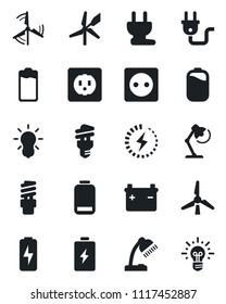 Set of vector isolated black icon - battery vector, low, charge, desk lamp, windmill, socket, power plug, bulb, energy saving, idea