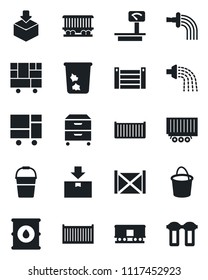 Set of vector isolated black icon - trash bin vector, bucket, watering, railroad, truck trailer, cargo container, consolidated, package, oil barrel, heavy scales, archive box, water filter