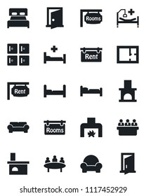 Set of vector isolated black icon - bed vector, checkroom, meeting, fireplace, hospital, plan, rent, rooms, bedroom, cushioned furniture, door