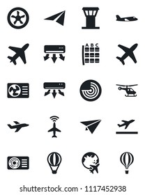 Set of vector isolated black icon - plane vector, airport tower, radar, departure, helicopter, seat map, globe, air conditioner, fan, paper, balloon