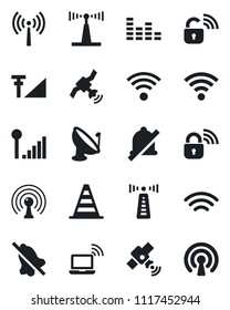 Set of vector isolated black icon - antenna vector, wireless notebook, border cone, satellite, equalizer, mute, cellular signal, lock