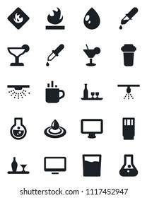 Set of vector isolated black icon - hot cup vector, water drop, dropper, flammable, monitor, alcohol, drink, cocktail, filter, sprinkler, flask