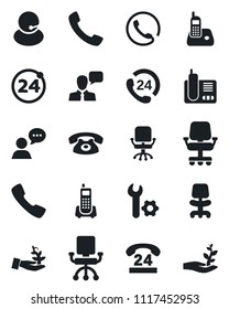 Set of vector isolated black icon - 24 around vector, office chair, phone, hours, support, speaker, radio, call, root setup, palm sproute