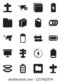 Set of vector isolated black icon - signpost vector, presentation board, wheelbarrow, battery, low, folder, charge, blank box, plates, guidepost