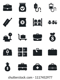 Set of vector isolated black icon - suitcase vector, baggage trolley, larry, luggage storage, scales, checkroom, case, fertilizer, doctor, dropper, money bag