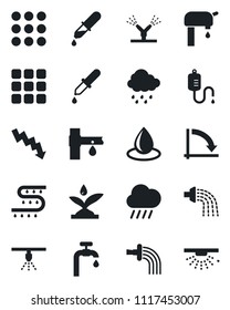 Set of vector isolated black icon - crisis graph vector, watering, water drop, rain, drip irrigation, dropper, menu, supply, sprinkler