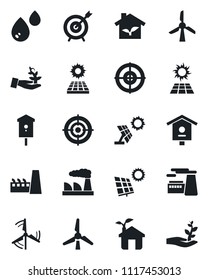 Set of vector isolated black icon - factory vector, bird house, target, sun panel, windmill, eco, water, palm sproute