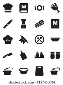 Set of vector isolated black icon - cook vector, cafe, hat, menu, bacon, salt and pepper, ham, bowl, rolling pin, cutting board, knife, steaming pan