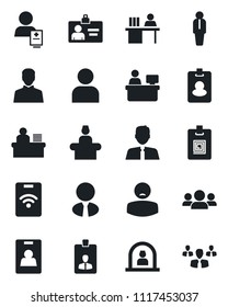 Set of vector isolated black icon - reception vector, manager, identity card, place, patient, user, desk, estate agent, pass, group