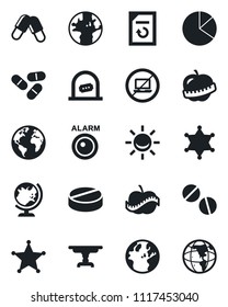 Set of vector isolated black icon - no laptop vector, ticket office, globe, document reload, pills, diet, earth, pie graph, table, police, alarm led