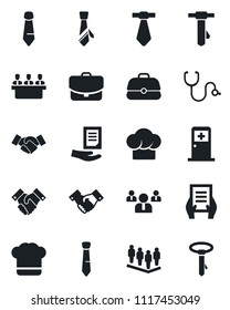 Set of vector isolated black icon - medical room vector, handshake, team, tie, document, stethoscope, meeting, cook hat, case