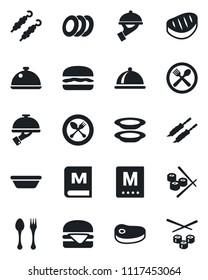 Set of vector isolated black icon - spoon and fork vector, dish, cafe, menu, plates, waiter, steak, kebab, hamburger, bowl, sushi