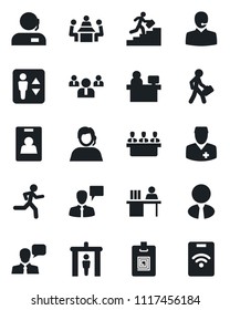 Set of vector isolated black icon - security gate vector, elevator, speaking man, team, manager place, run, doctor, support, speaker, identity card, desk, meeting, career ladder, estate agent, pass