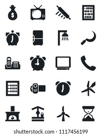 Set of vector isolated black icon - alarm clock vector, abacus, well, sickle, tv, video camera, call, office phone, fireplace, rolling pin, outdoor lamp, fridge, windmill, money bag, sand