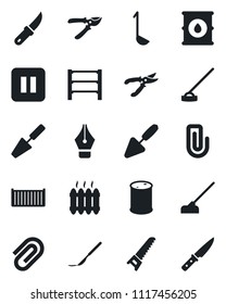 Set of vector isolated black icon - trowel vector, pruner, saw, hoe, garden knife, scalpel, cargo container, oil barrel, rack, pause button, paper clip, ink pen, heater, ladle