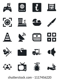Set of vector isolated black icon - suitcase vector, passport, fork loader, border cone, airport building, abacus, medical calendar, virus, satellite antenna, speaker, gamepad, application, hr, tv