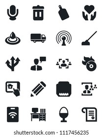 Set of vector isolated black icon - speaking man vector, desk, pencil, hoe, heart hand, route, car delivery, flame disk, antenna, microphone, hdmi, hr, egg stand, cutting board, home control app