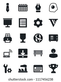Set of vector isolated black icon - wireless notebook vector, safe, tie, calendar, factory, bench, patient, fragile, network, settings, download, root setup, presentation board, abacus, ink pen